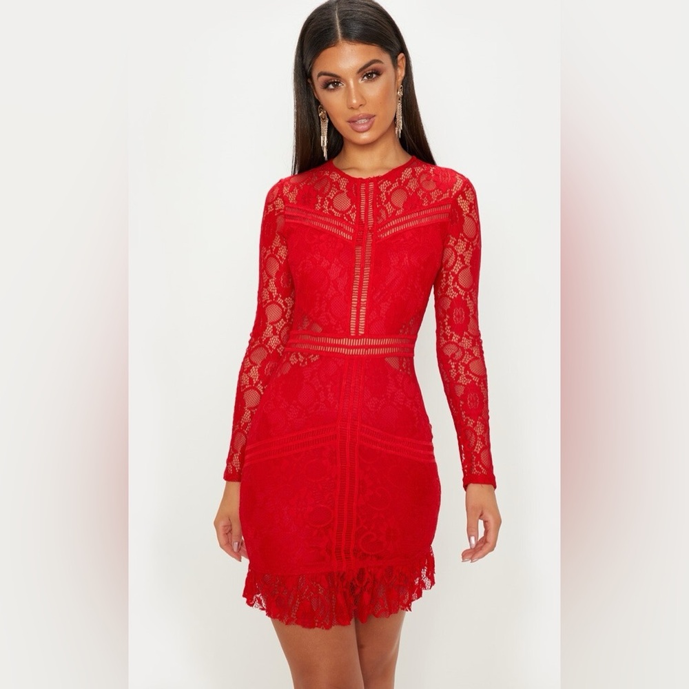 PrettyLittleThing Red Lace Ladder Detail Frill Hem Bodycon Dress